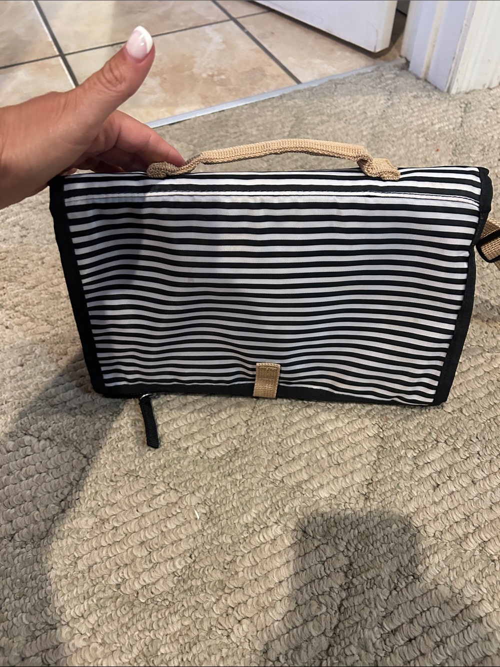 Skip Hop Black & White Striped Men's Toiletry Bag with Tan Accents - Picture 5 of 11